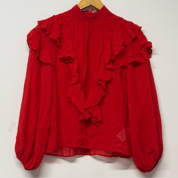 GiAMBATTiSTA VALLi x HM Red Silk Chiffon Blouse Sheer Cascade Ruffle Long Sleeve - Picture 3 of 10
